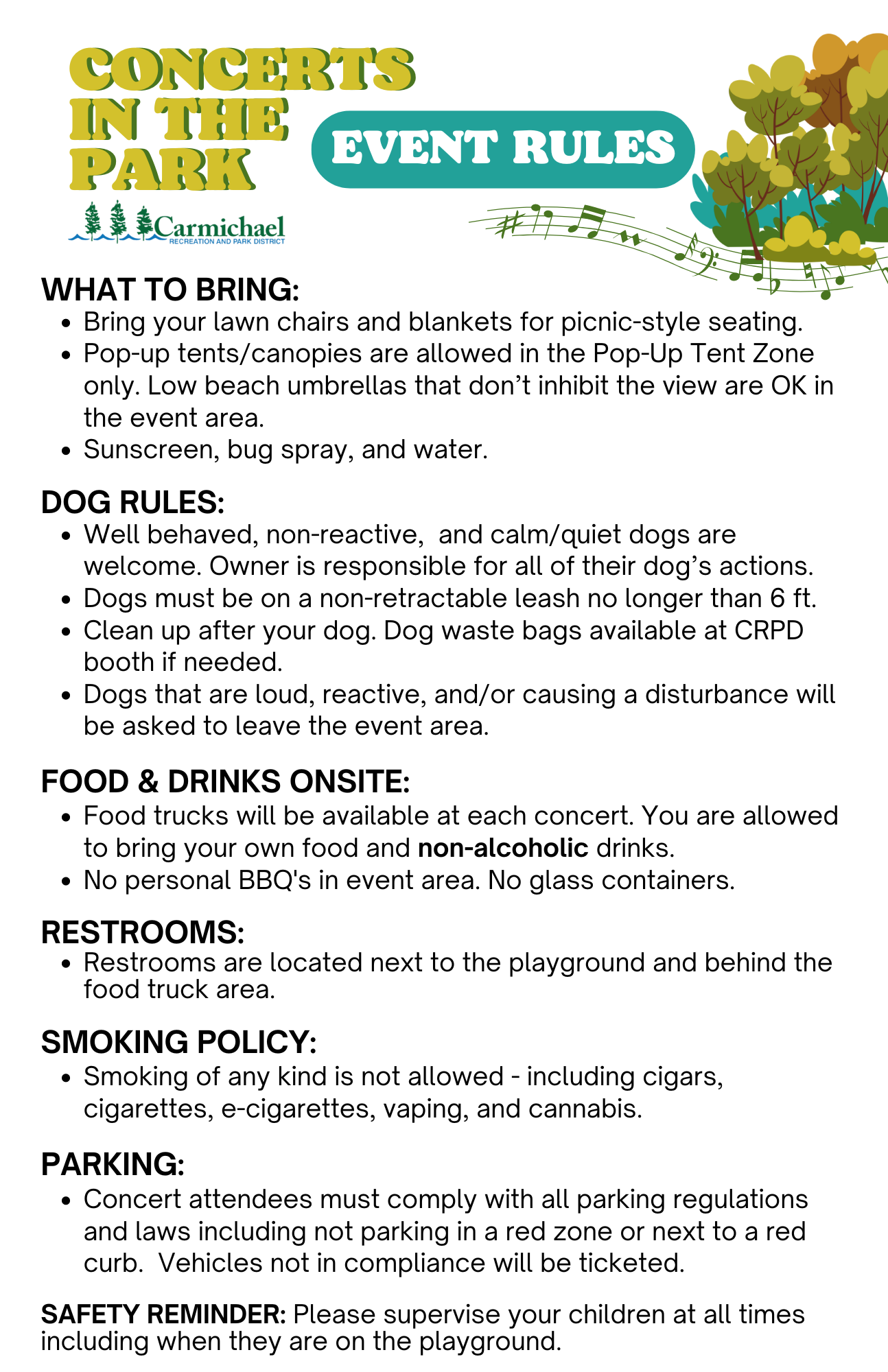 Concerts in the Park Event Rules Carmichael Recreation and Park